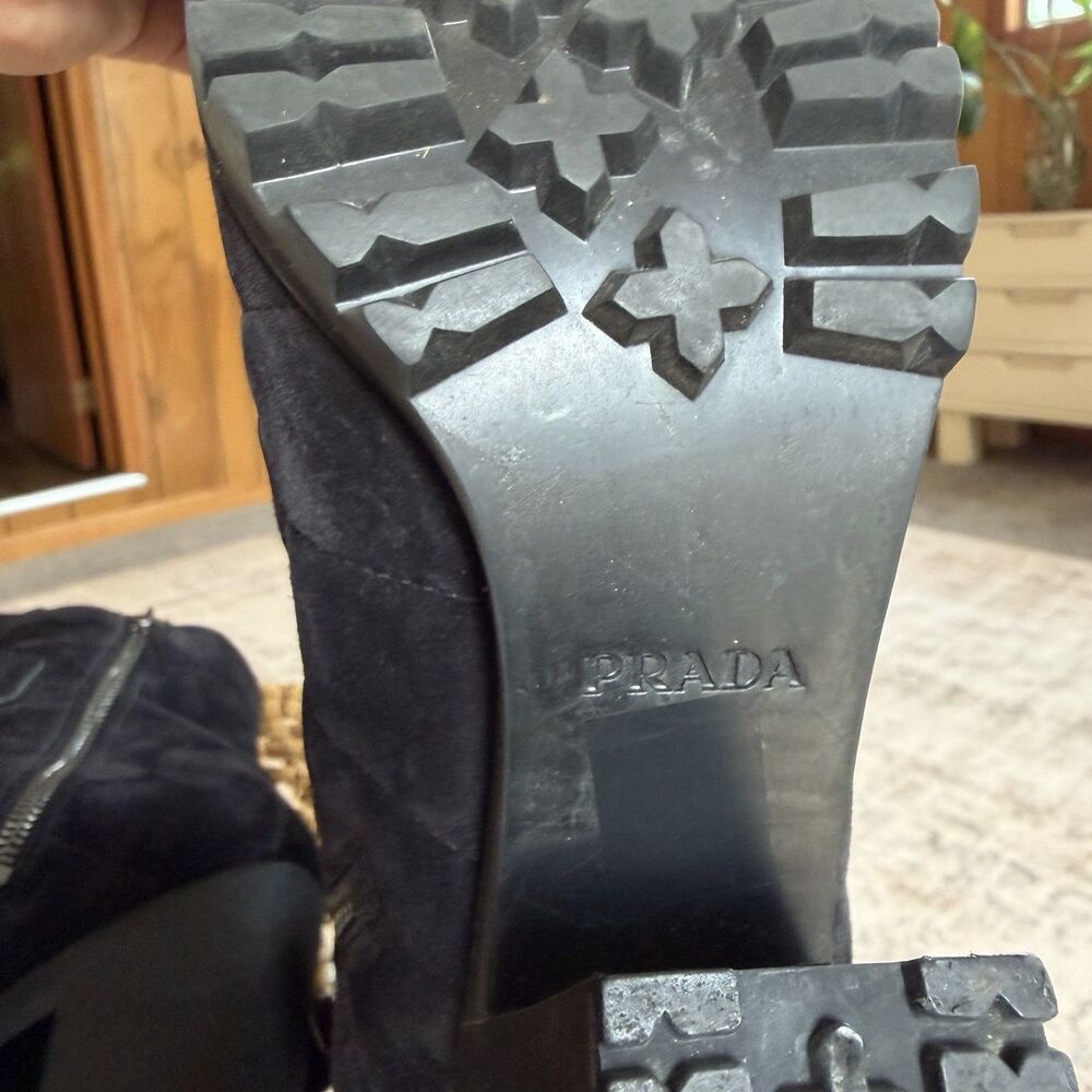 Vintage Prada Moto Boots Black Suede Buckle Strap Lug Sole Women Eu 40.5 - Picture 10 of 16